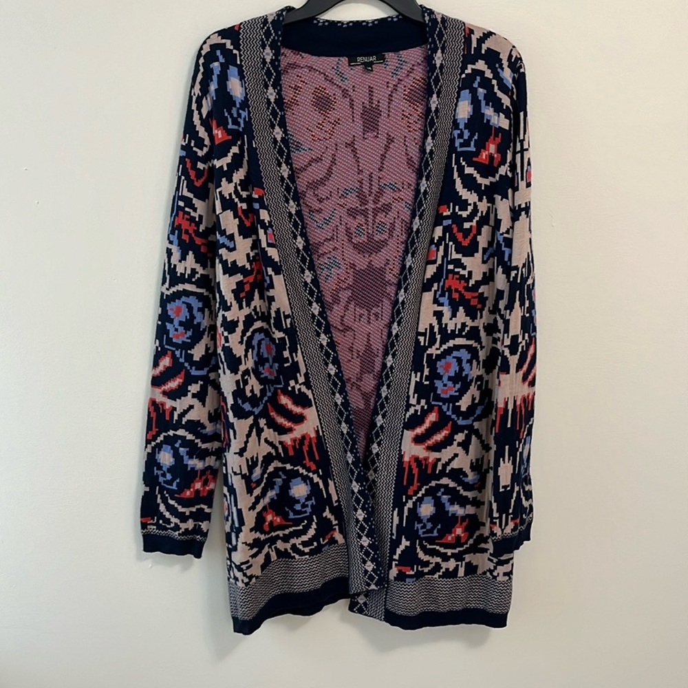 Renuar cardigan sweater woman’s Large multicolor azetec print open front knit